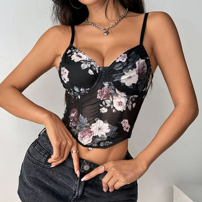 Flower applique v neck mesh backless cami top