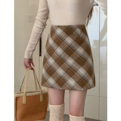 Plus Size Wool Plaid High Waist Skirt