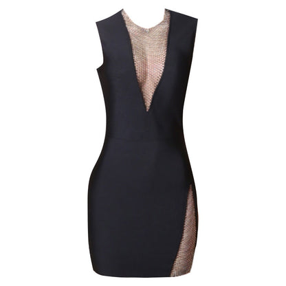 Nightclub Mesh Diamond Hollow Out Cutout Fishing Net Deep V Plunge Sleeveless Dress Flash Diamond Sheath Small Black Dress