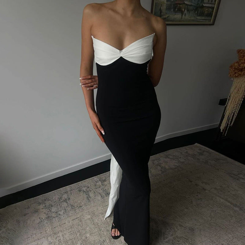 Contrast Twist Front Strapless Bow Back Draped Train Maxi Dress