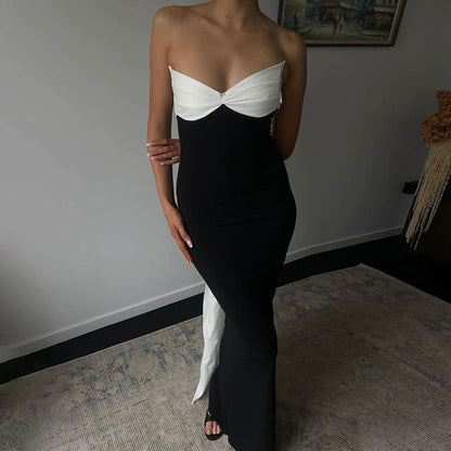 Contrast Twist Front Strapless Bow Back Draped Train Maxi Dress
