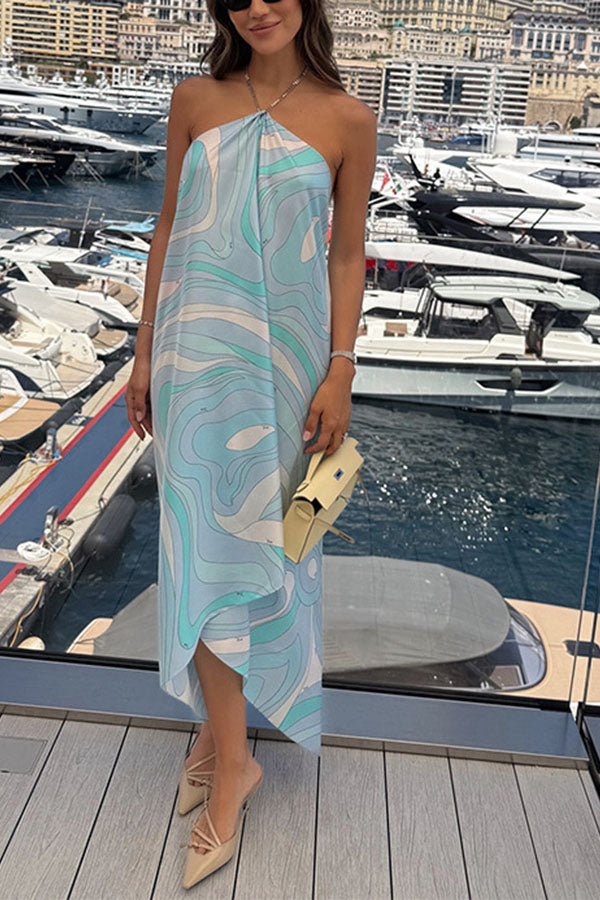 Elmhurst Satin Unique Print Chain Halter Draped Scarf Midi Dress