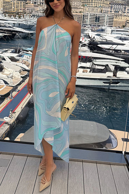 Elmhurst Satin Unique Print Chain Halter Draped Scarf Midi Dress