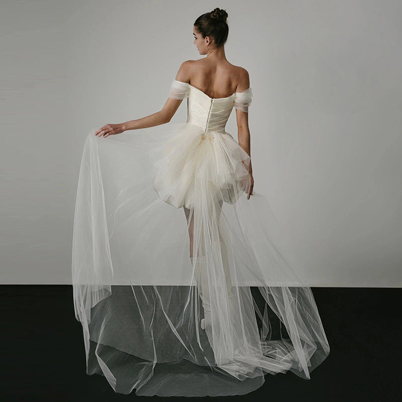 Short Off-Shoulder Satin Wedding Dress