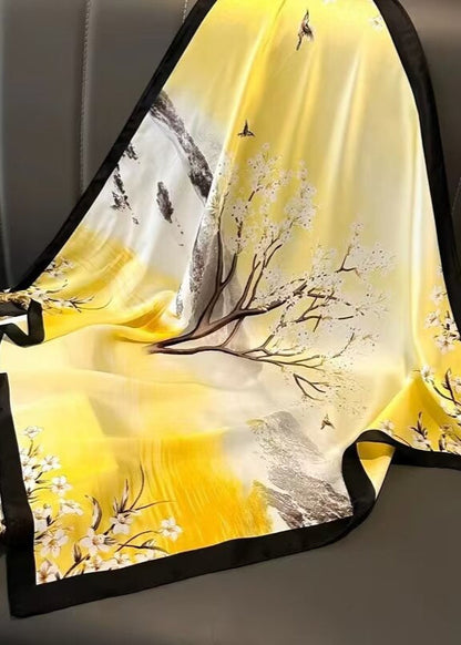 Aurielle Scenic Floral Silk Scarf – Yellow Square 70×70cm