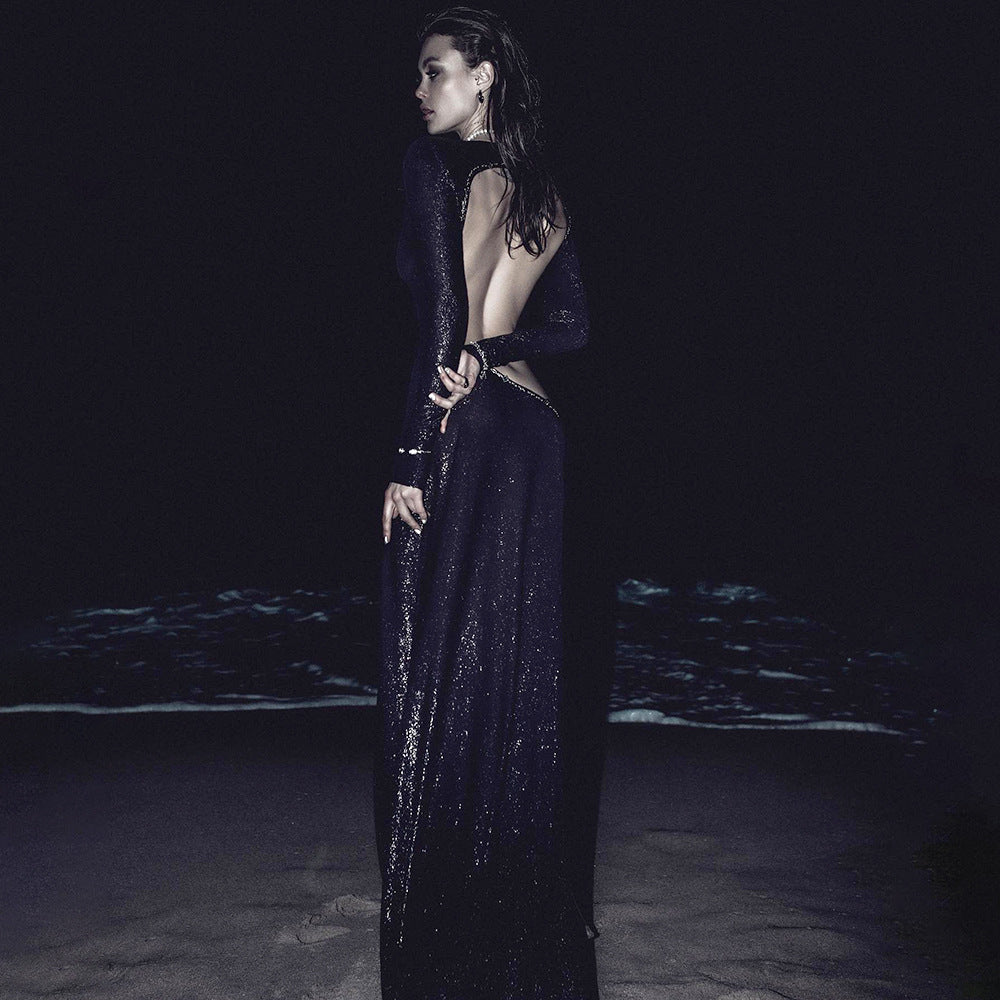 Long Sleeve Sequin Open Back High Slit Floor Length Maxi Gown