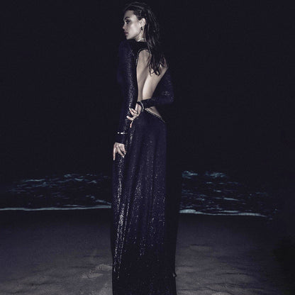 Long Sleeve Sequin Open Back High Slit Floor Length Maxi Gown