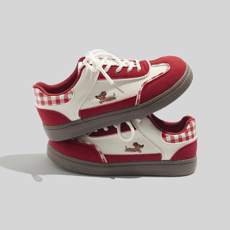 Women's Stylish Laced Up Red Sneakers With Checkers Design