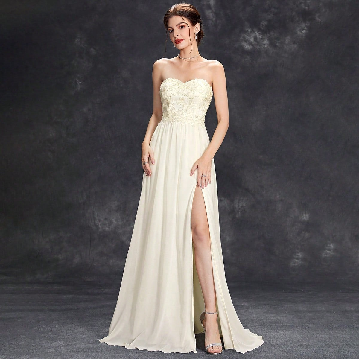 Strapless Sweetheart Lace Embroidered Bodice Thigh Slit Chiffon Maxi Gown