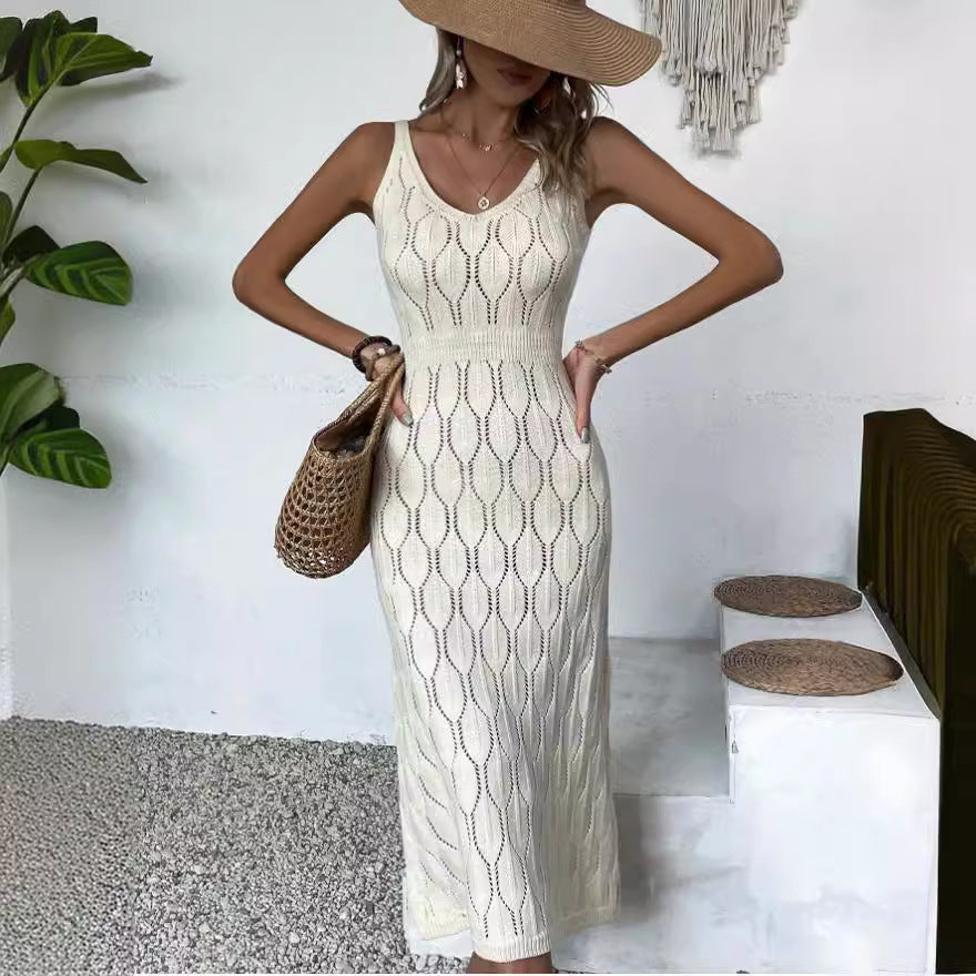 Pointelle Knit Hollow Out V Neck Sleeveless Maxi Dress