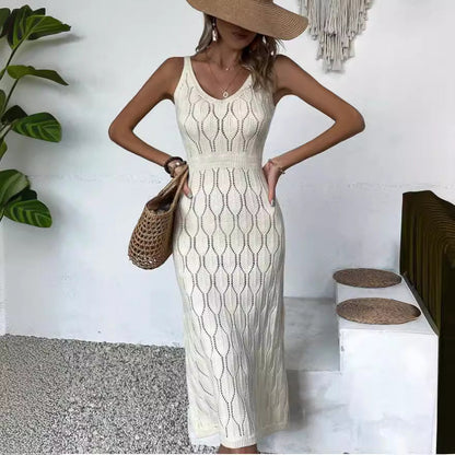 Pointelle Knit Hollow Out V Neck Sleeveless Maxi Dress