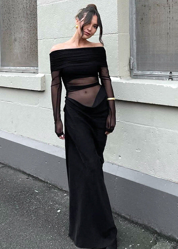 Sheer Off-Shoulder Drape Gown