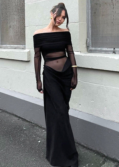 Sheer Off-Shoulder Drape Gown