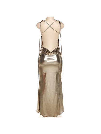 Metallic Coated Deep Neck Backless Evening Dress