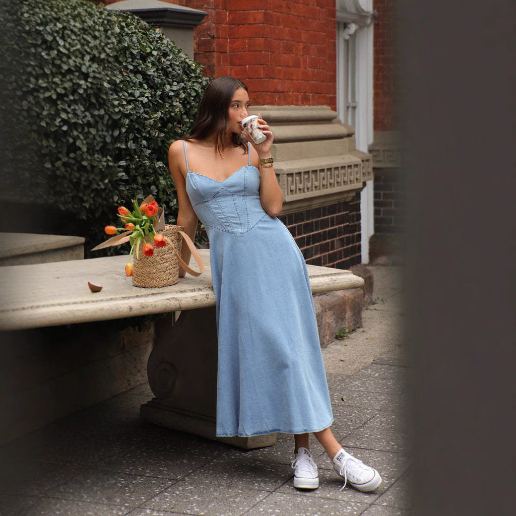 Denim Sweetheart Bustier Spaghetti Strap Basque Waist A-Line Midi Dress