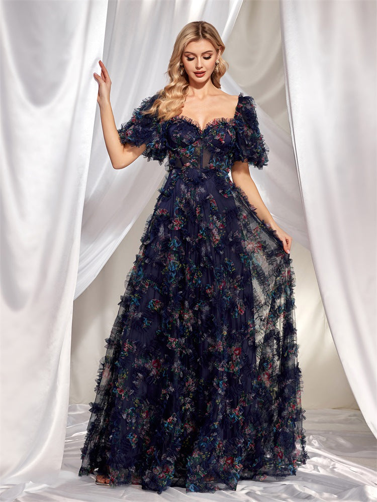 Sweetheart Puff Sleeve Tiered Ruffle Floral Print Maxi Gown