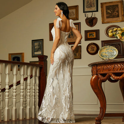 Sleeveless Elegant Long Sequined off Neck Backless Evening Dress Bridesmaid Dress Sequin Tie