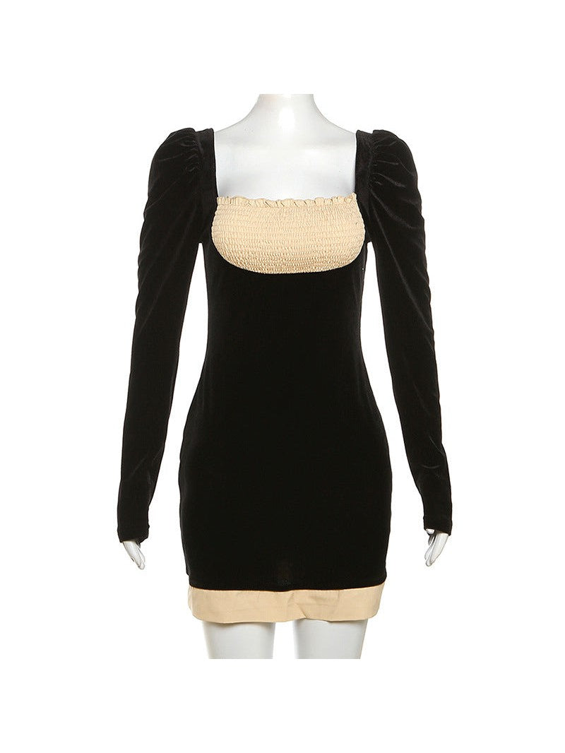 Full Sleeves Square Collar Low Cut Slim Fit Dress