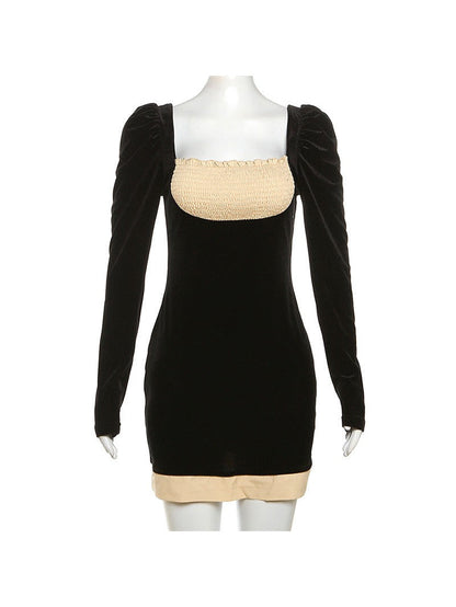 Full Sleeves Square Collar Low Cut Slim Fit Dress