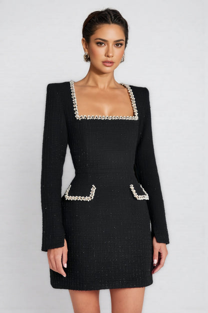 Ilyna U Neck Long Sleeve Mini Dress-Black