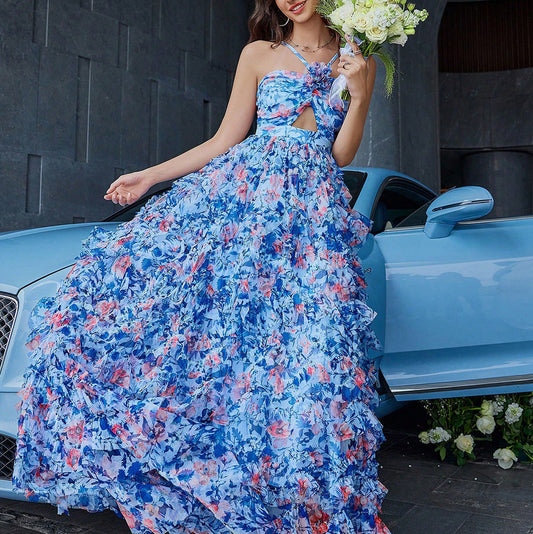 Halterneck Printed Butterfly Hollow Out Cutout Vacation Large Swing Dress Organza