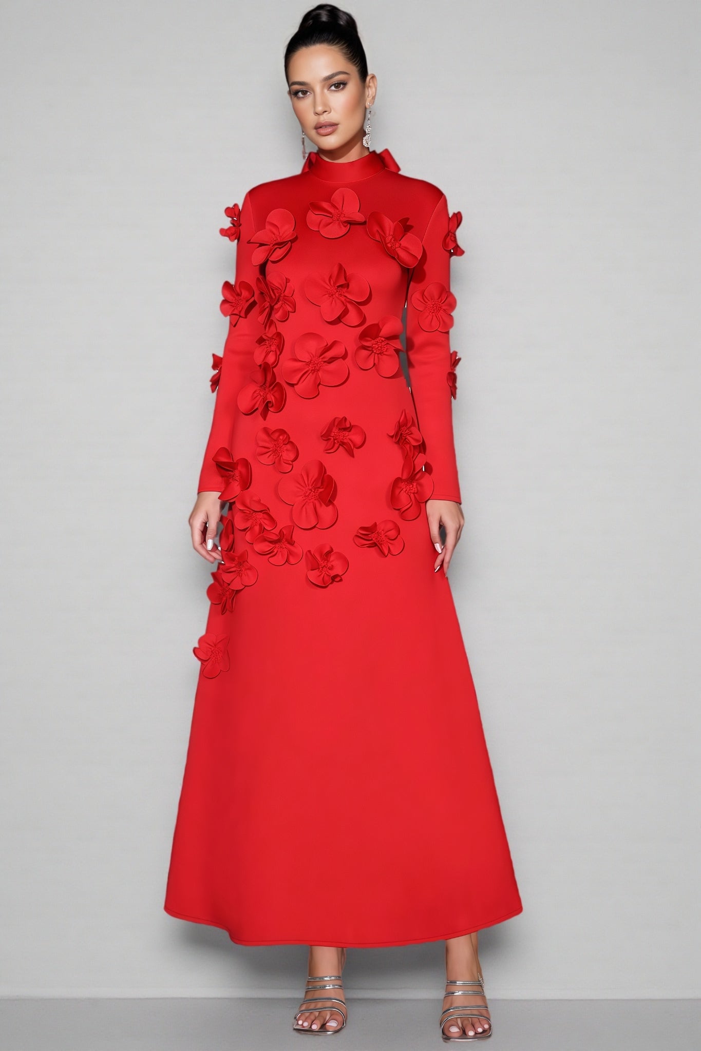 Yamaly Red 3D Floral Maxi Dress