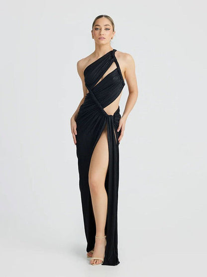 Oblique Shoulder Sheath High Slit Maxi Dress