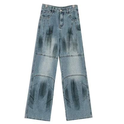 Vintage Distressed And Dirt-Dyed Patchwork Wide-Leg Jeans
