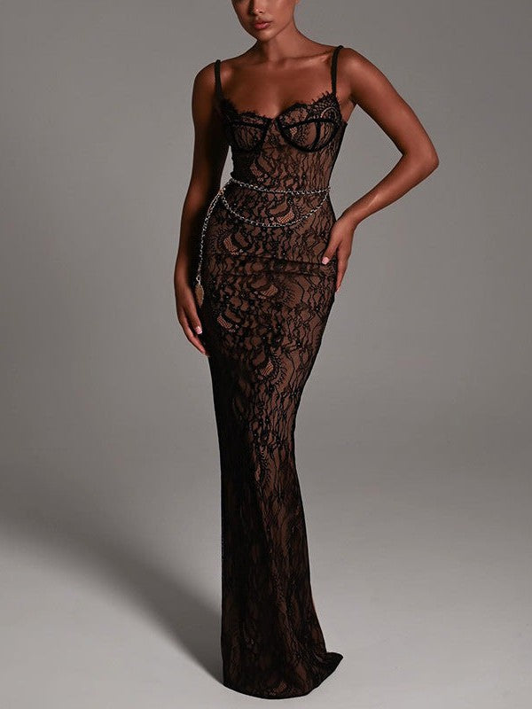 Lace Stitched Backless Sleeveless Split Maxi Dress