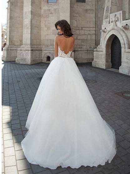 Off-Shoulder V-Neck Sheer Wedding Dress