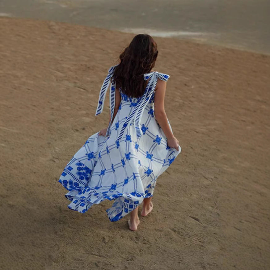 Geometric Print Square Neck Tie-Shoulder Flared Maxi Dress