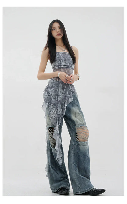 Vintage Distressed And Dirt-Dyed Patchwork Wide-Leg Jeans