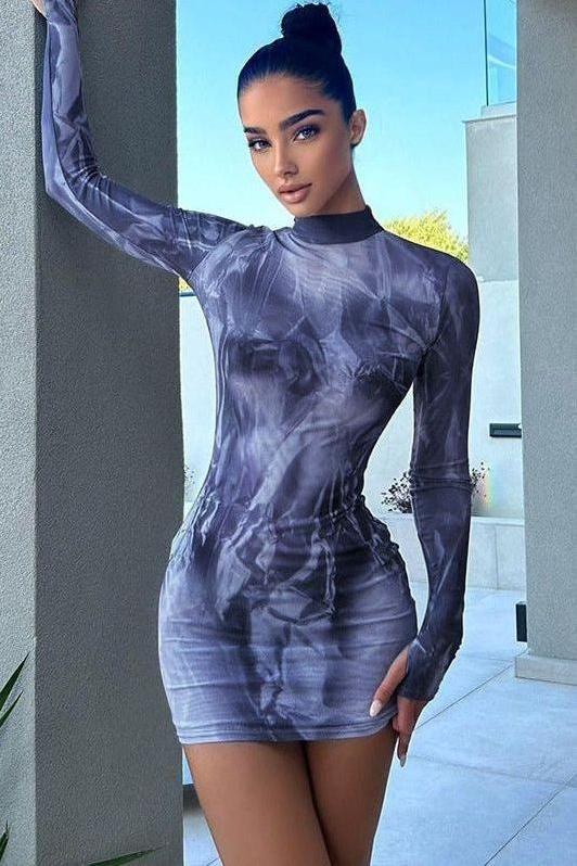 Printed slim round neck hip dress