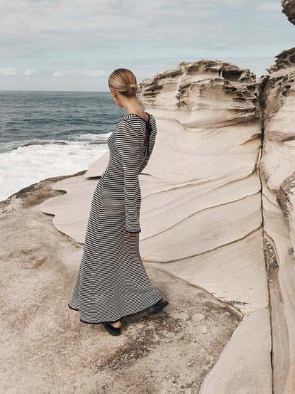Mesh Striped Beach Vacation Knitted Hollow OutMaxi Dress
