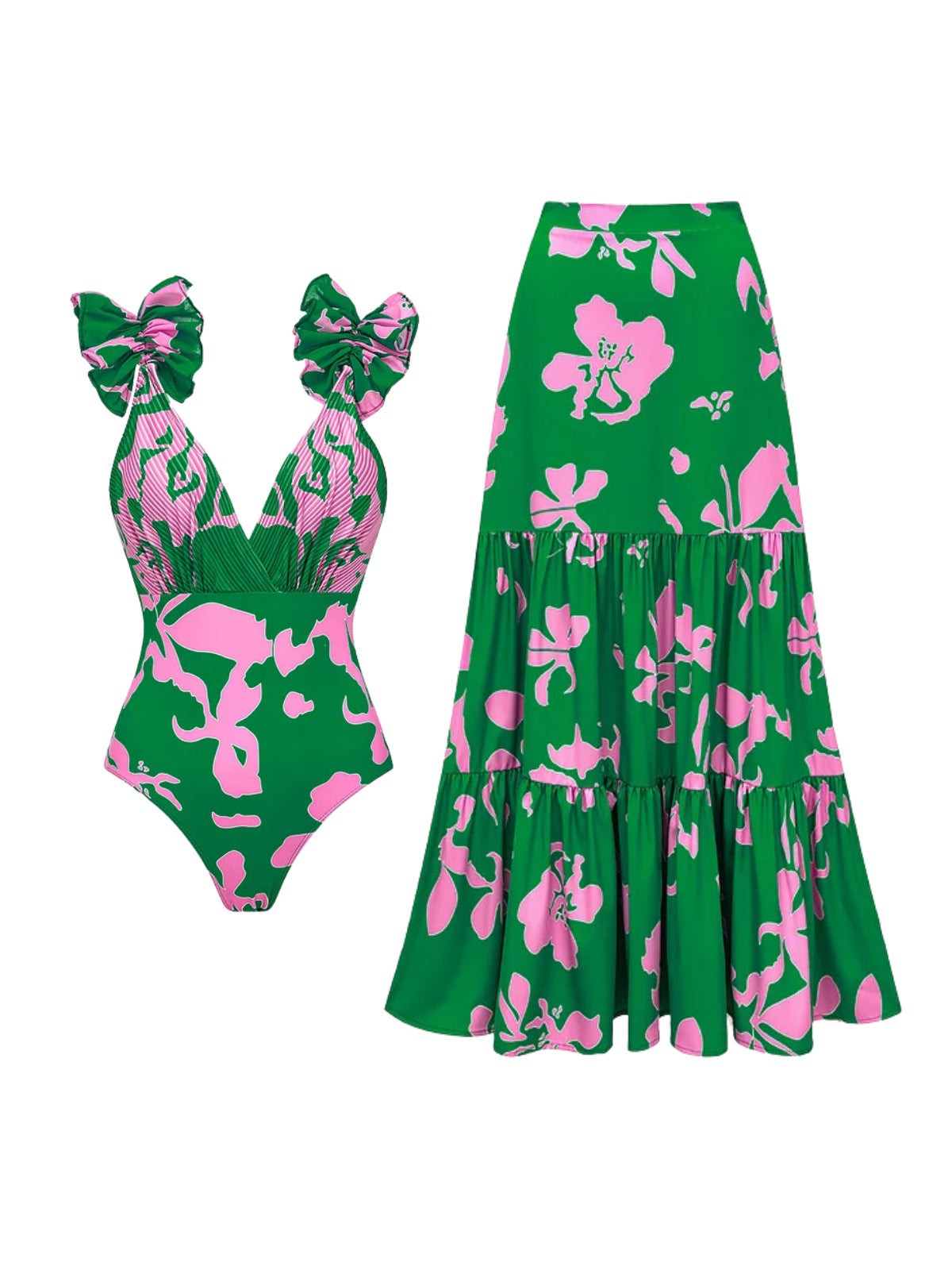 V neck Pleated Ruffle Swimsuit & Skirt Coord Set