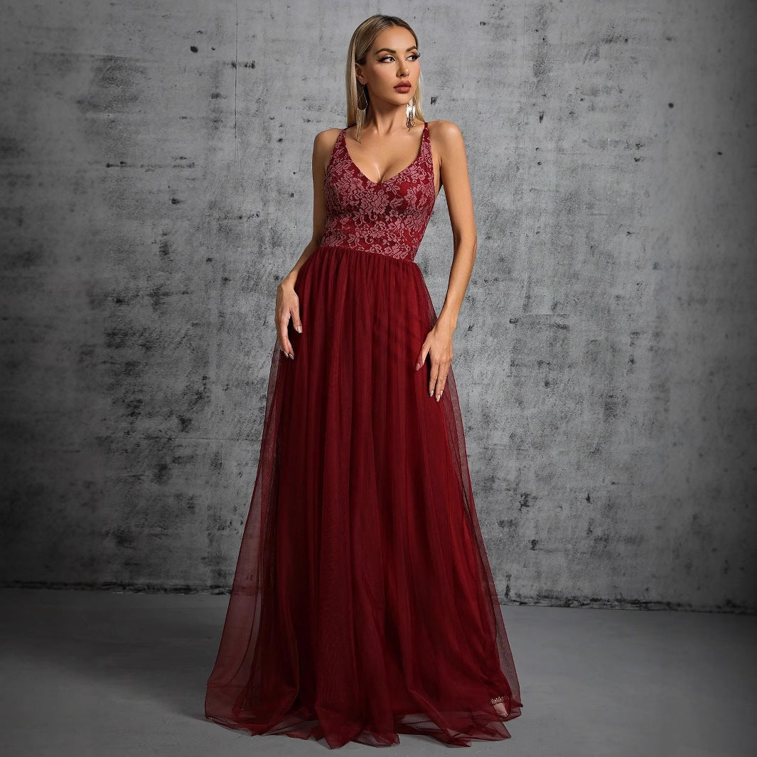 Floral Lace Deep V-Neck Spaghetti Strap Tulle A-Line Floor-Length Gown