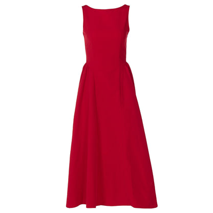 Boat Neck Sleeveless Fitted Waist Flared Gathered Midi Dress