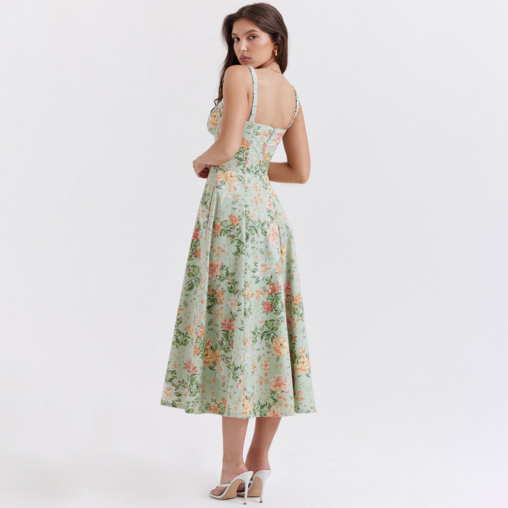 Floral Print Sweetheart Ruffle Neck Tie Front Corset Bodice A-Line Midi Dress