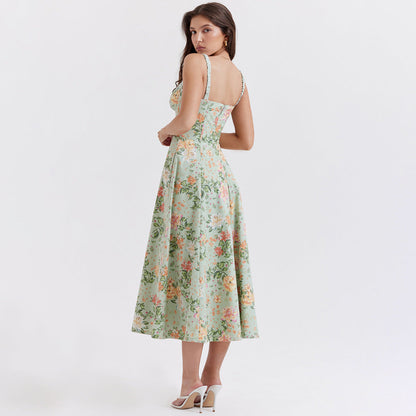 Floral Print Sweetheart Ruffle Neck Tie Front Corset Bodice A-Line Midi Dress