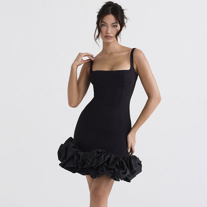 Square Neck Wide Strap Sculptural Ruffle Hem Bodycon Mini Dress