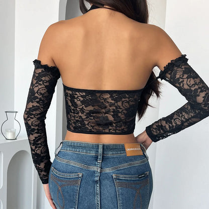 Halter lace corset ruffle flower applique top