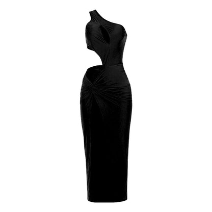 One shoulder hollow out ruched high slit cut out midi dress