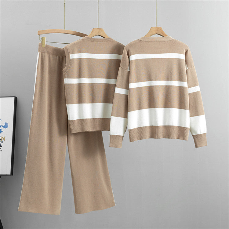 Khaki – Sporty Striped Loose Three Piece Set