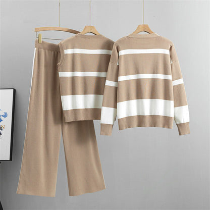 Khaki – Sporty Striped Loose Three Piece Set