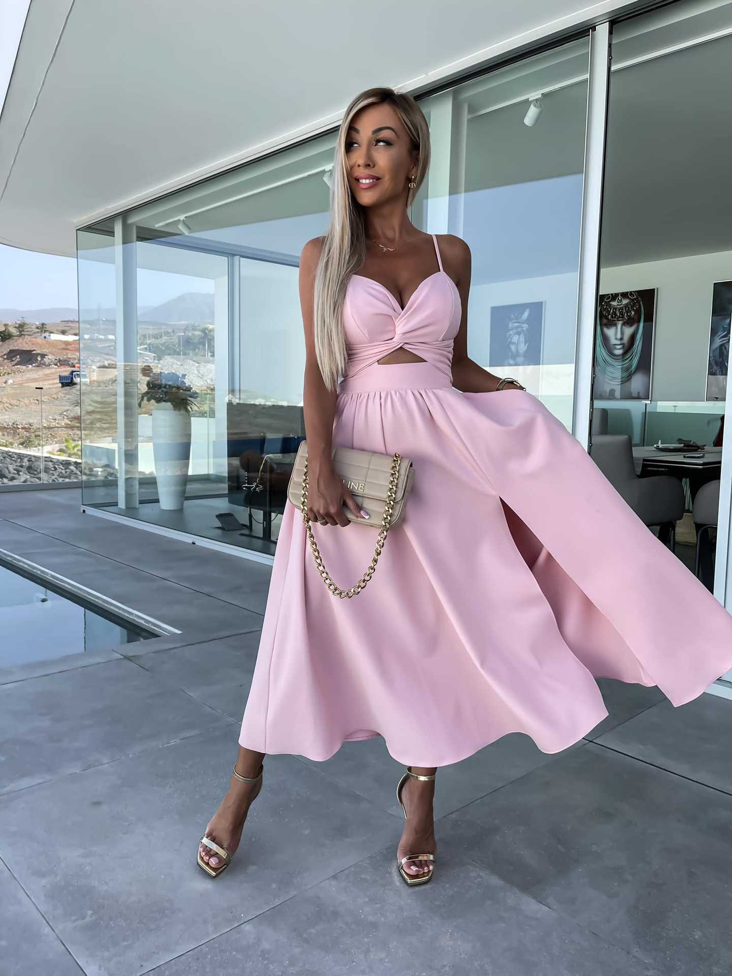 Socialite Deep V Plunge neck Hollow Out Cutout- Big Slit Hemline Camisole Gown Dress