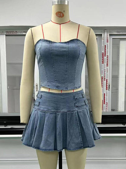 Crop Denim Tube Top & High Waist Split Skirt