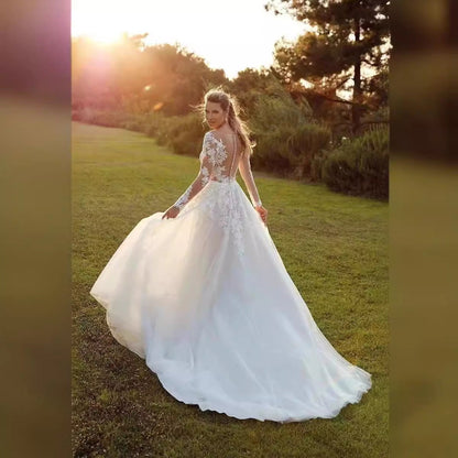 Long Sleeve Sheer Tulle Bridal Wedding Dress