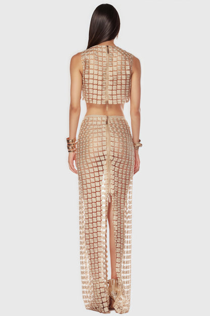 Noelle Sheer Plaid Fishtail Maxi Dress Two Piece Set