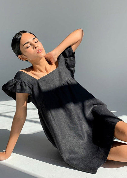 Soleil Linen Flutter-Sleeve Mini Dress