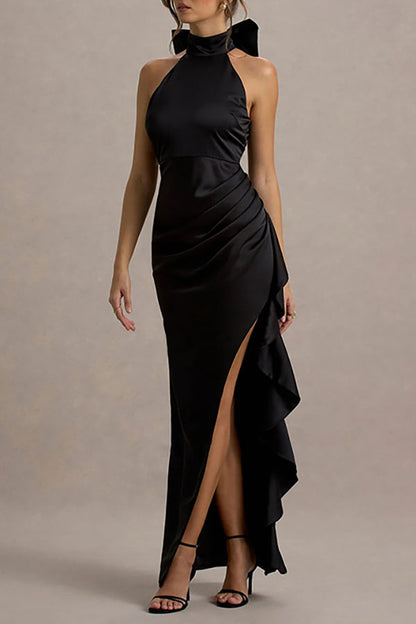 Maureen Satin High Neck Ruched Ruffle Slit Draped Maxi Dress